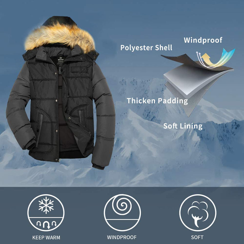 Men's Winter Puffer Coat Casual Fur Hooded Warm Outwear Jacket