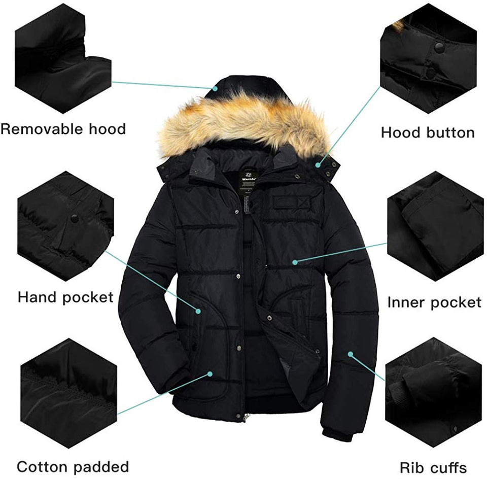 Men's Winter Puffer Coat Casual Fur Hooded Warm Outwear Jacket