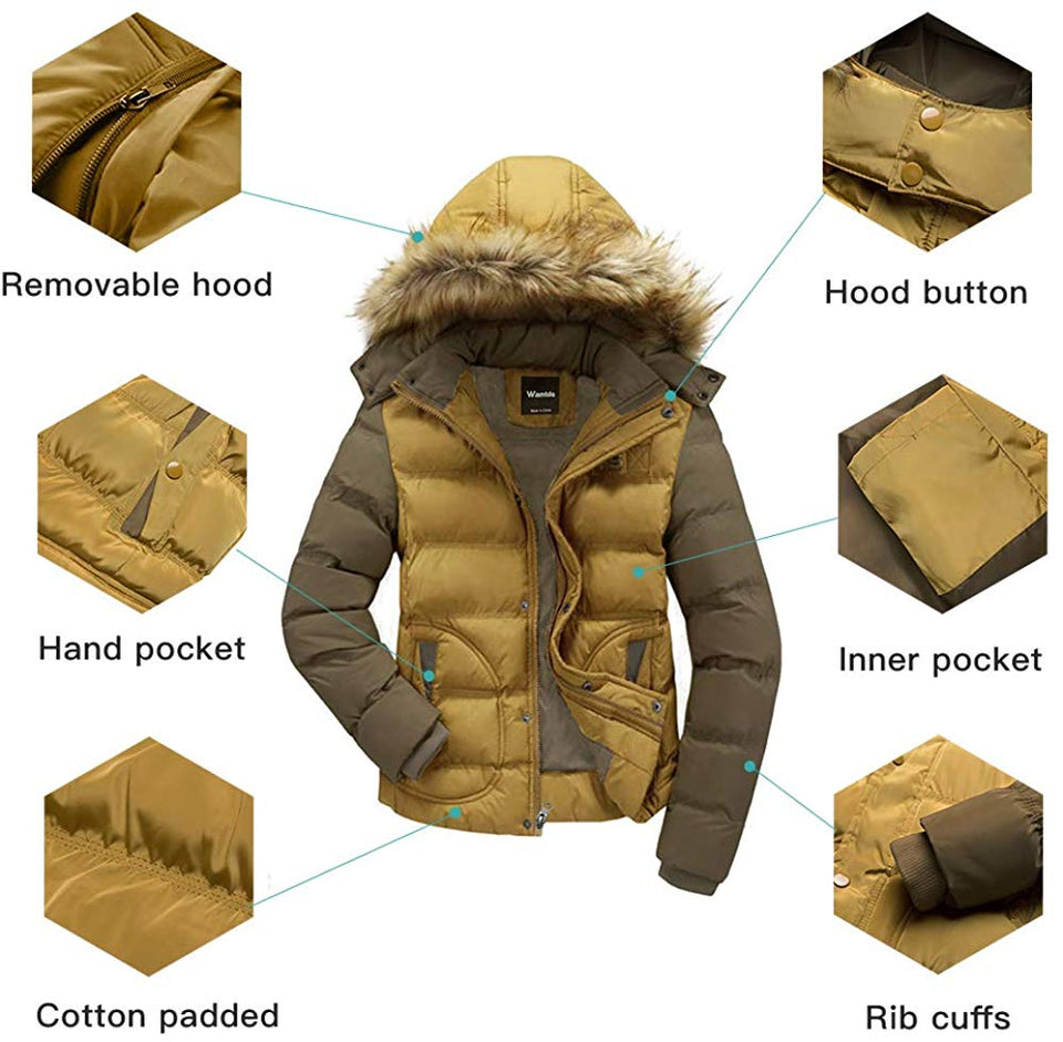 Men's Winter Puffer Coat Casual Fur Hooded Warm Outwear Jacket