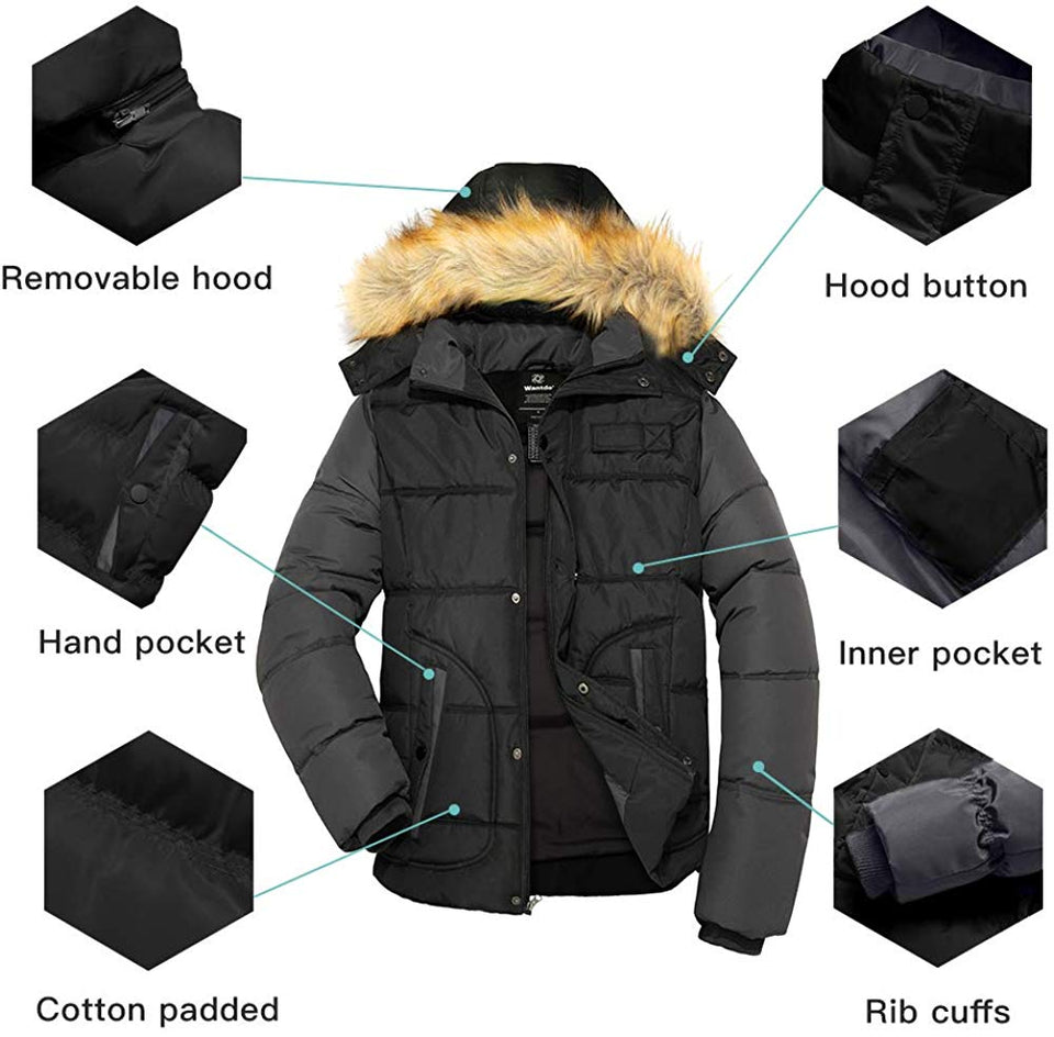 Men's Winter Puffer Coat Casual Fur Hooded Warm Outwear Jacket